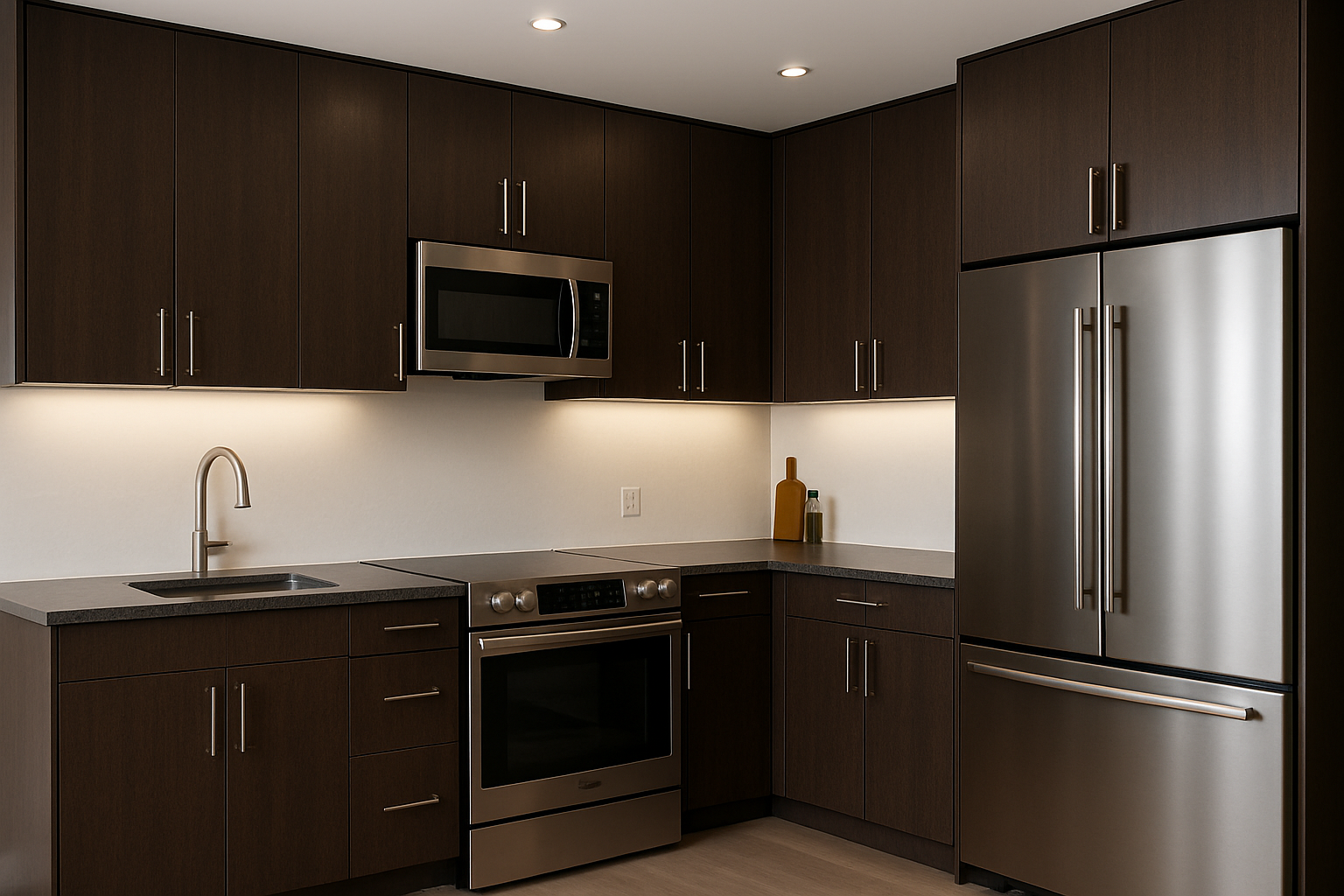 Crear una cocina moderna pero con el color de la melamina marron oscura