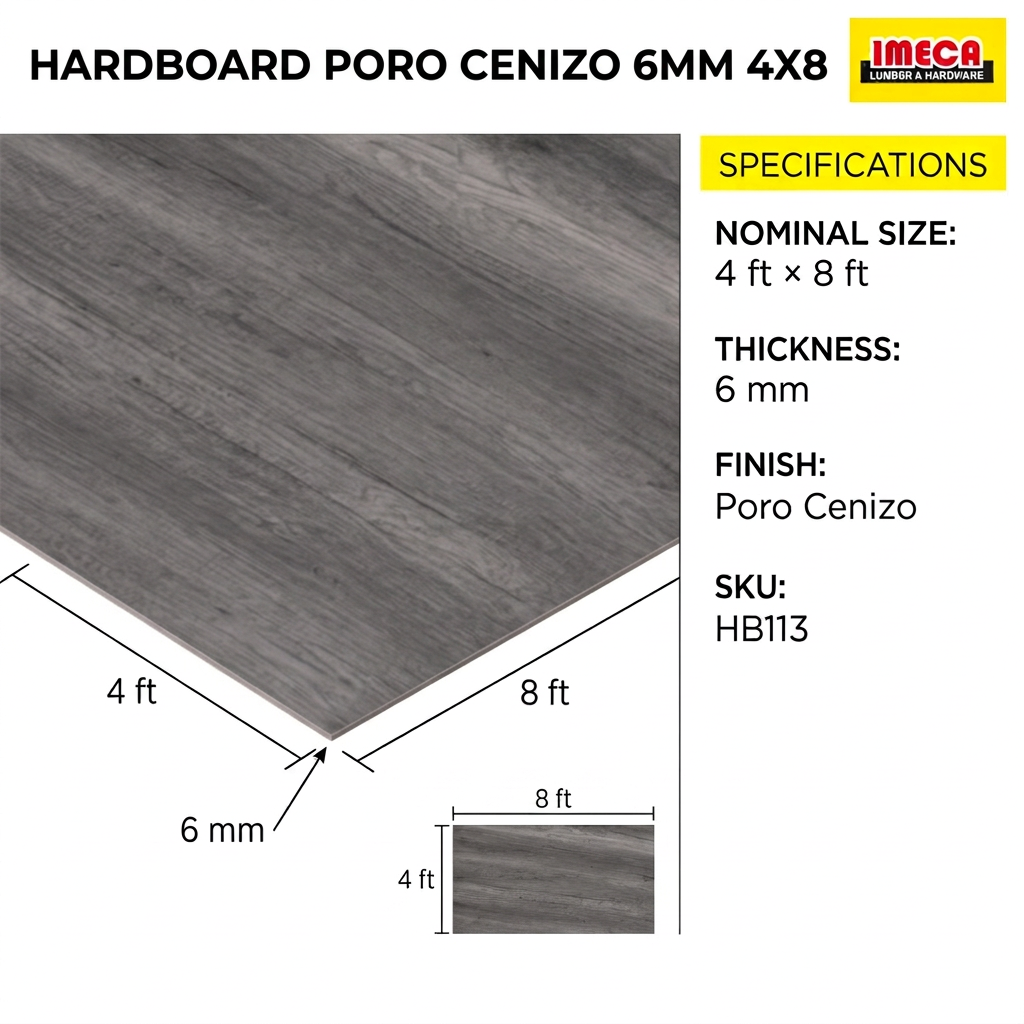 HARDBOARD PORO CENIZO 6MM 4X8 ficha de dimensiones y acabado