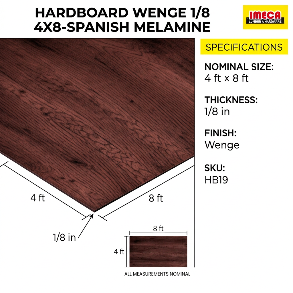 HARDBOARD WENGE 1/8 4X8-SPANISH MELAMINE ficha de dimensiones y acabado