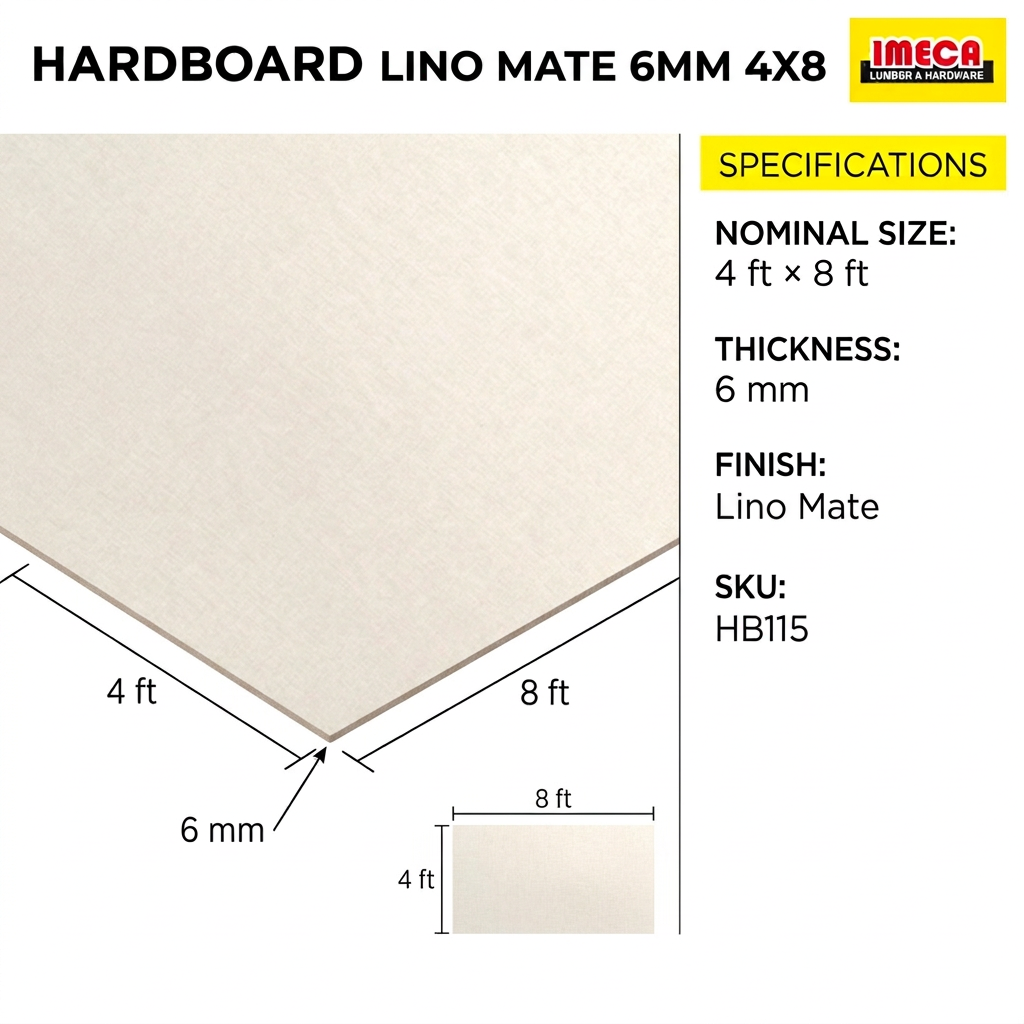 HARDBOARD LINO MATE 6MM 4X8 ficha de dimensiones y acabado