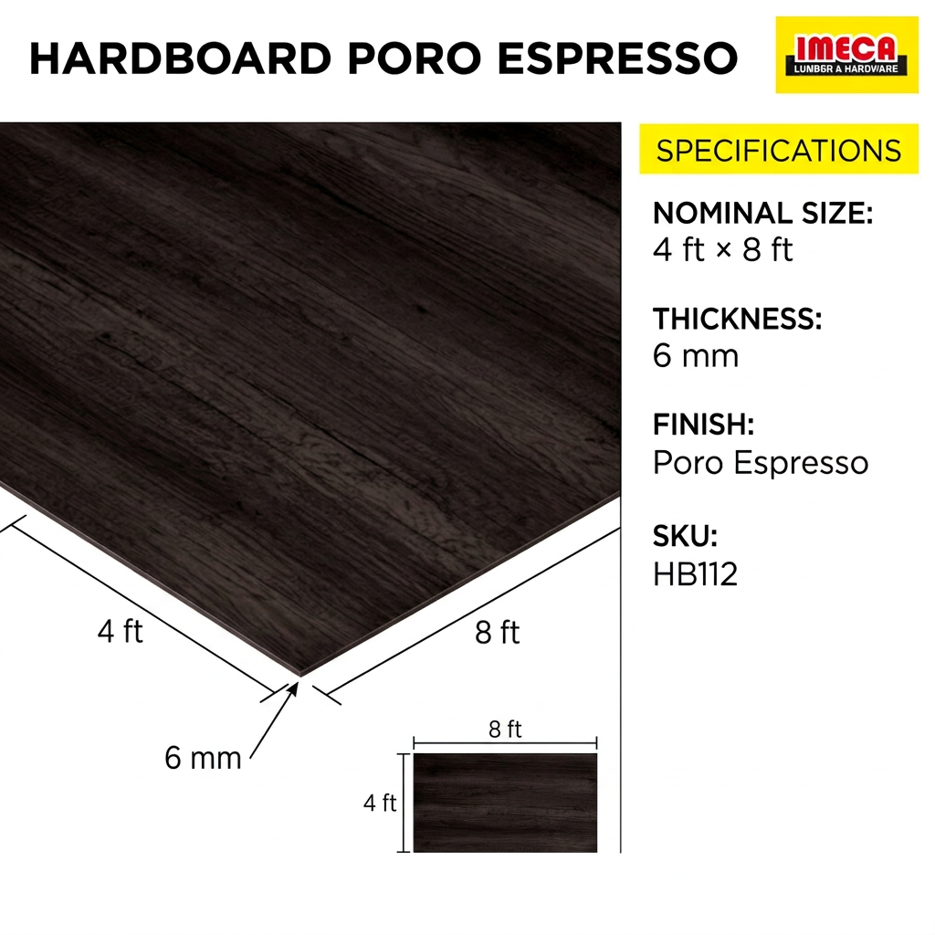 HARDBOARD PORO ESPRESSO 6MM 4X8 ficha de dimensiones y acabado
