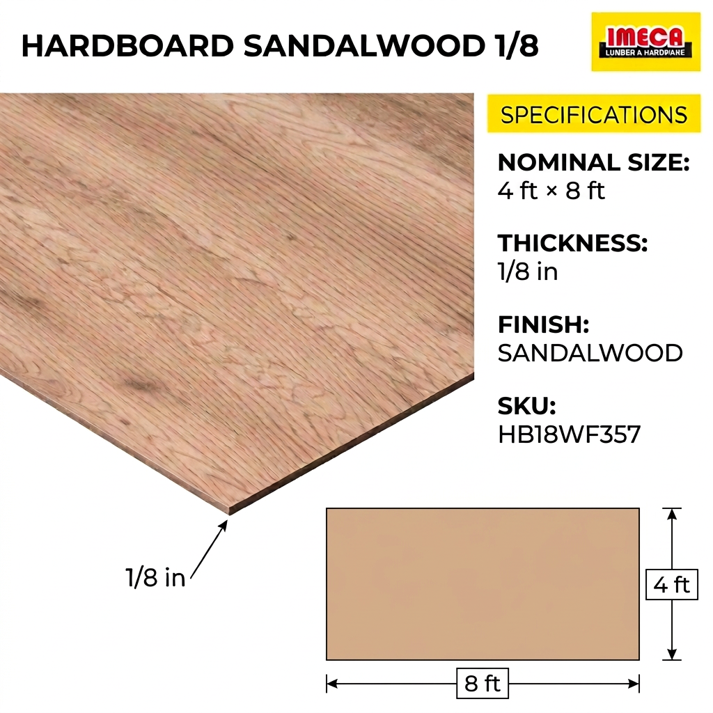 HARDBOARD SANDALWOOD 1/8 48X ficha de dimensiones y acabado