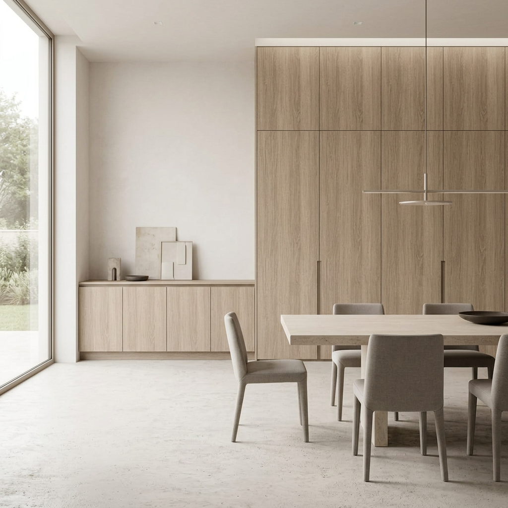 Avalon Oak LA1558UP-410 laminate on contemporary dining room cabinetry