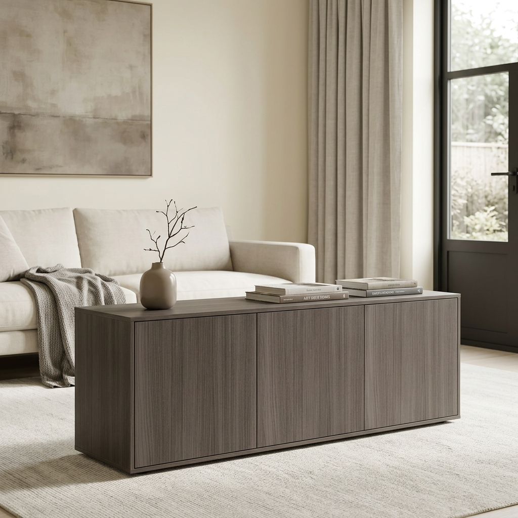 Skyline Walnut LA7964K-12-512 laminate on contemporary living room media cabinet fronts