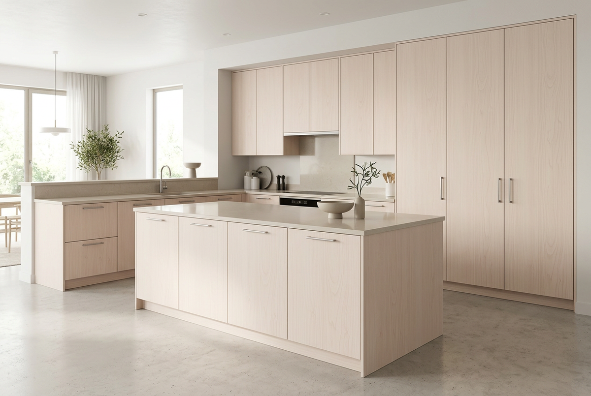 Escena ilustrativa de Bleached Maple LA1322XM aplicado en muebles de cocina