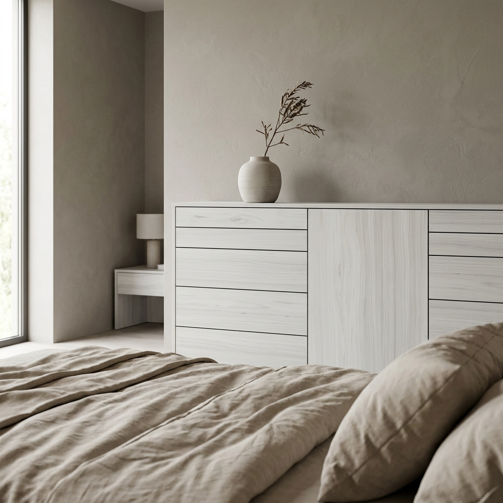 White Cypress LA7976K-12-335 laminate on contemporary bedroom dresser fronts