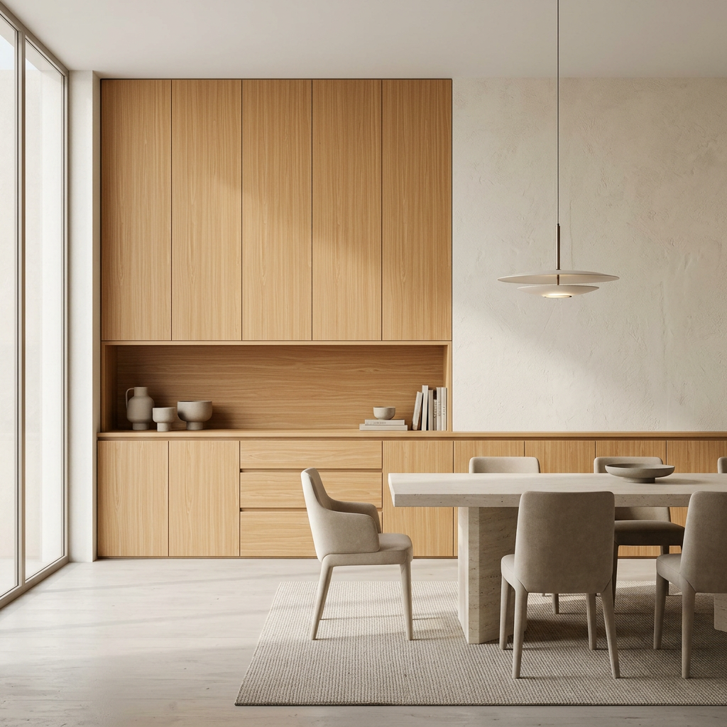Pear LA1750MT golden honey laminate on contemporary dining room cabinetry