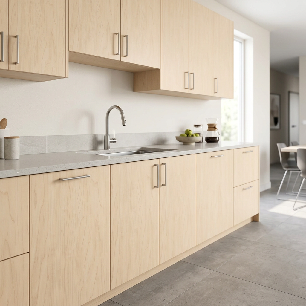 Manitoba Maple LA7911-60-335 laminate on contemporary kitchen cabinet fronts