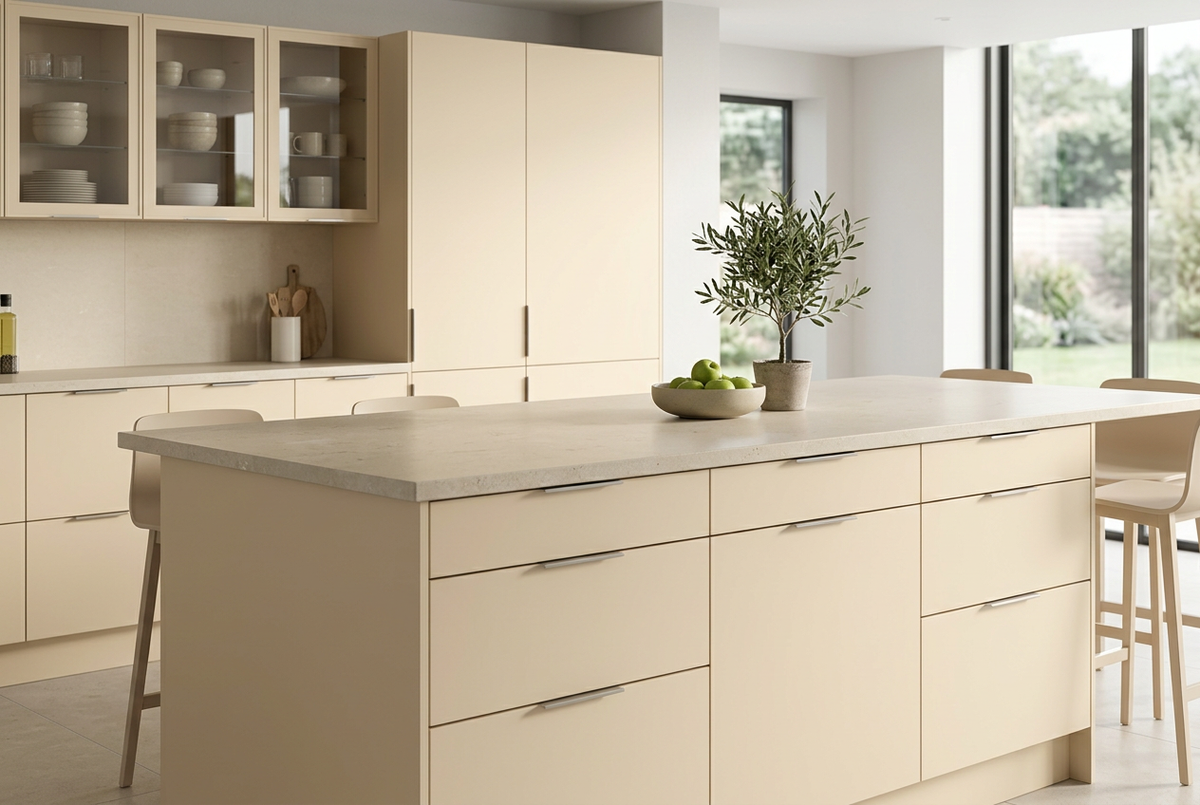 Escena ilustrativa de Almond mate LA0920MT aplicado en muebles de cocina