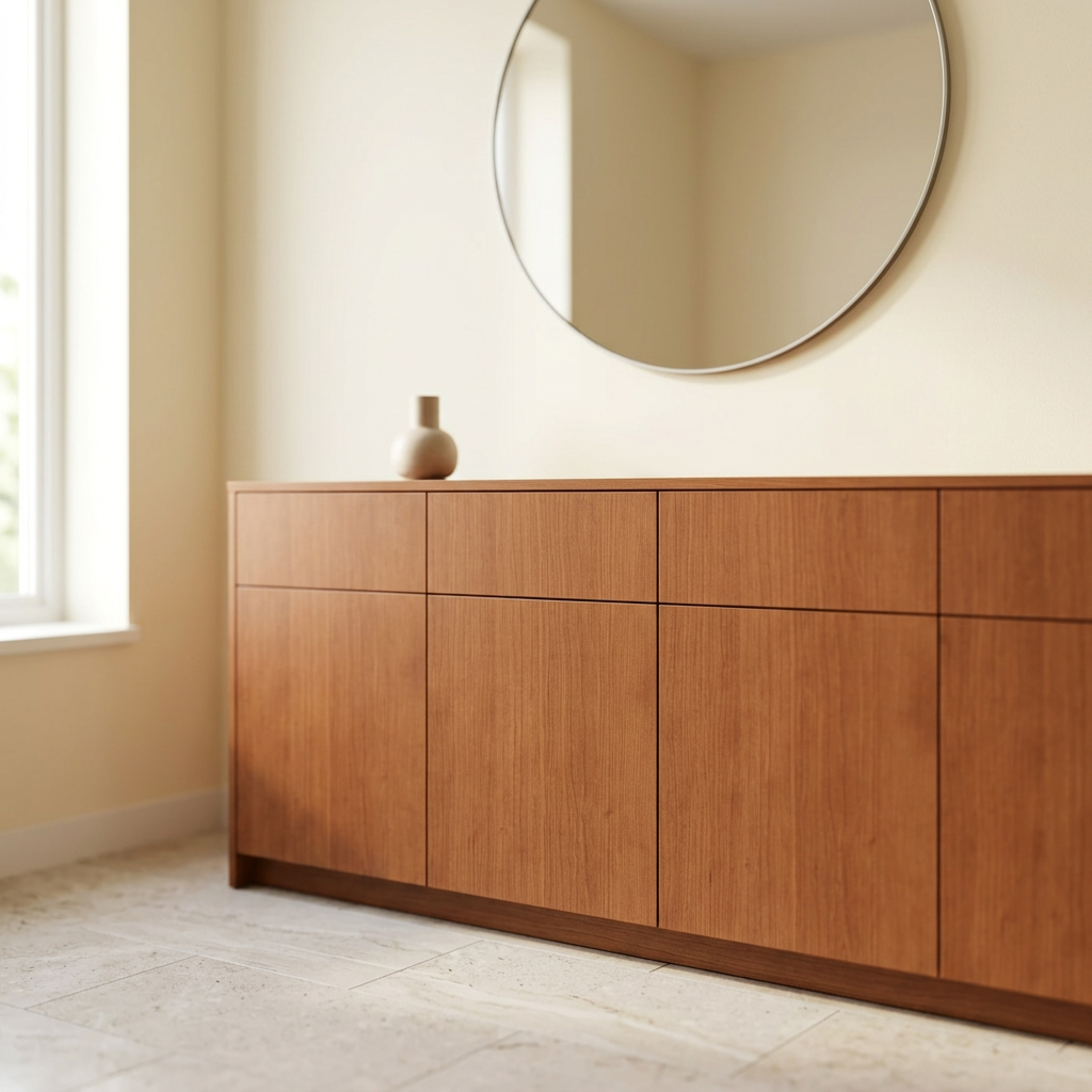 Amber Cherry LA7919-38-335 laminate on contemporary entryway console fronts