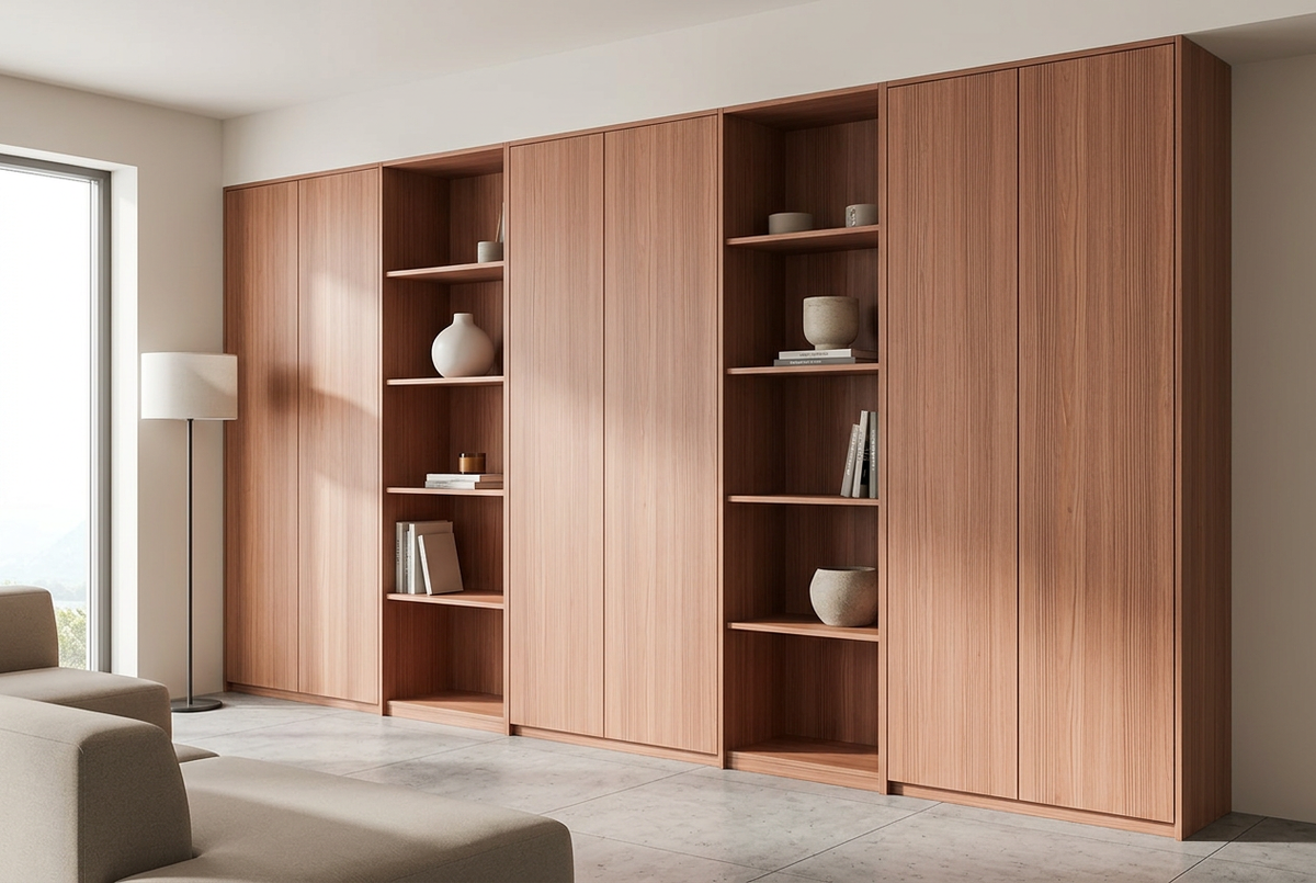 MELAMINE PORO CAPUCHINO 15MM 4X8 aplicado en mobiliario, imagen de uso generada