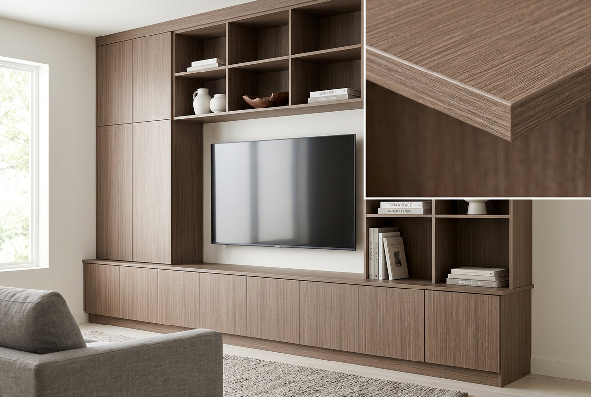 MELAMINE AMBAR 4X8 3/4 aplicado en mobiliario, imagen de uso generada