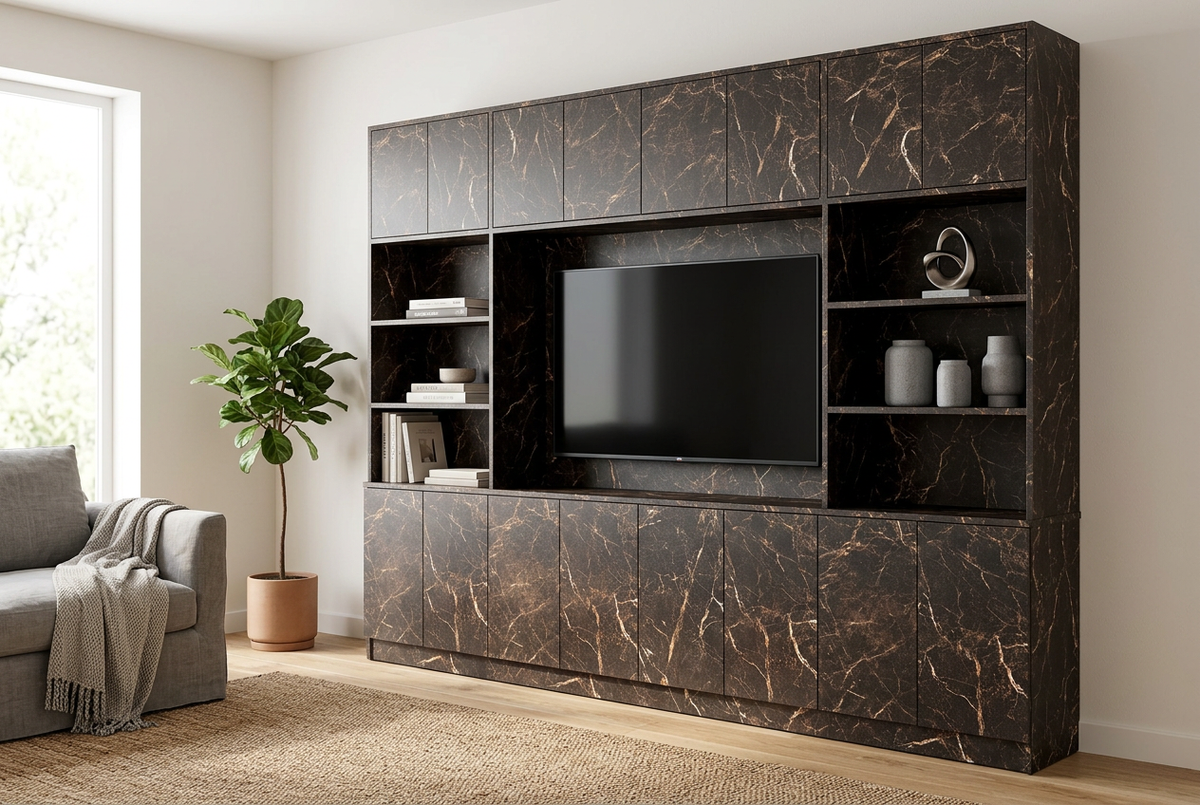 MELAMINE MAMBA 4X8 3/4 aplicado en mobiliario, imagen de uso generada