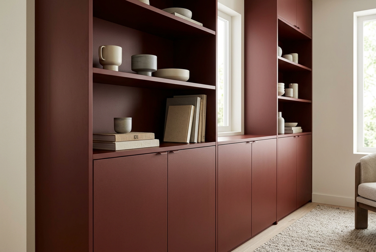 MELAMINE BURDEOS 4X8 3/4 aplicado en mobiliario, imagen de uso generada