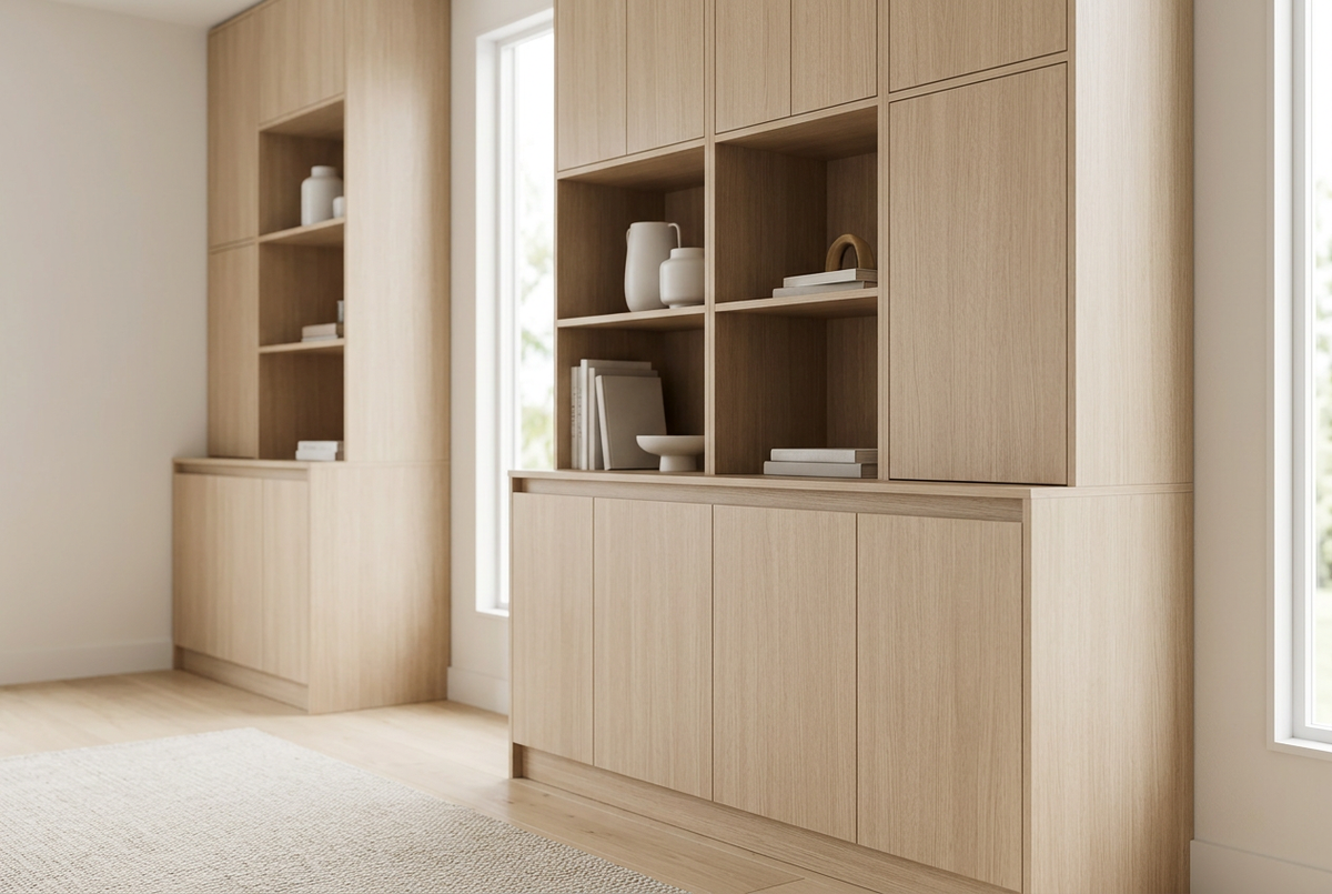 MELAMINE CARTAGENA 4X8 3/4 aplicado en mobiliario, imagen de uso generada