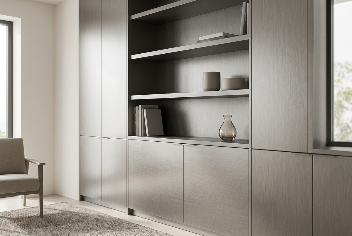 MELAMINE INOX 4X8 3/4 aplicado en mobiliario, imagen de uso generada