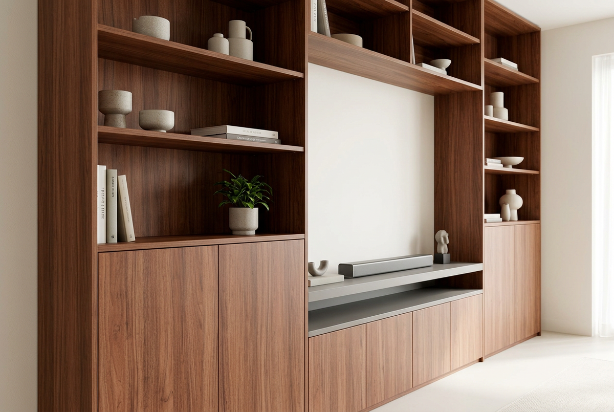 MELAMINE AVELLANA 4X8 3/4 aplicado en mobiliario, imagen de uso generada