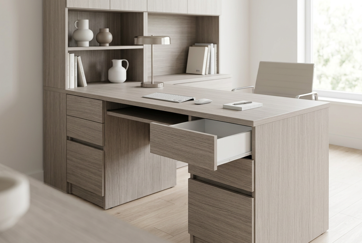 MELAMINE POSITANO 4X8 3/4 aplicado en mobiliario, imagen de uso generada