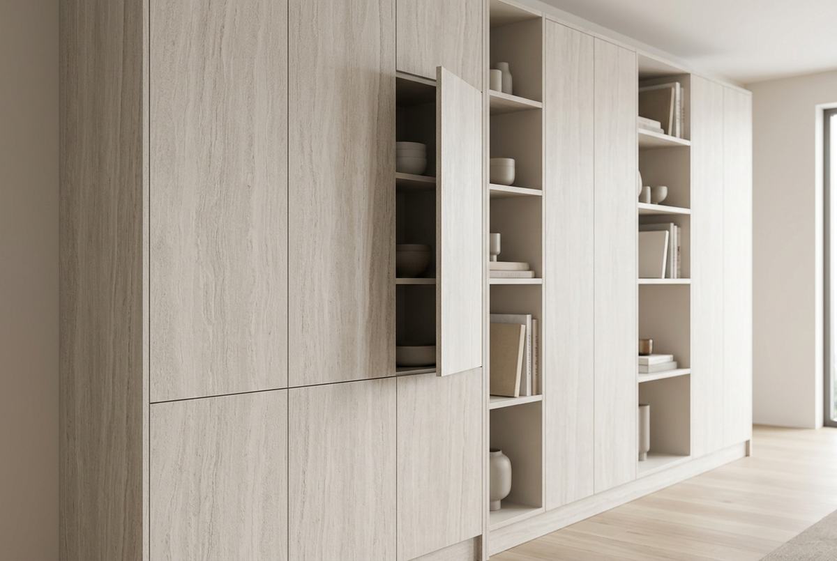 MELAMINE TIVOLI 4X8 3/4 aplicado en mobiliario, imagen de uso generada