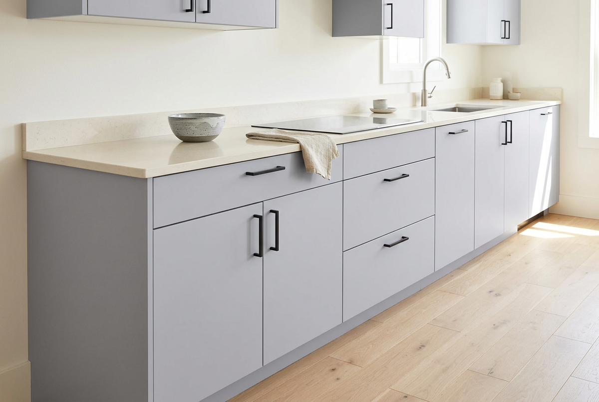 MELAMINE GRIS DOVE GREY WATER RESITANT (3/4 in x 49 in x 97 in) aplicado en mobiliario, imagen de uso generada