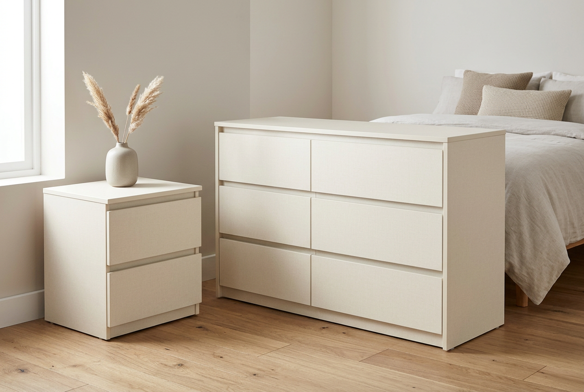 MELAMINE LUSO LINO MATE 49X96 15MM aplicado en mobiliario, imagen de uso generada