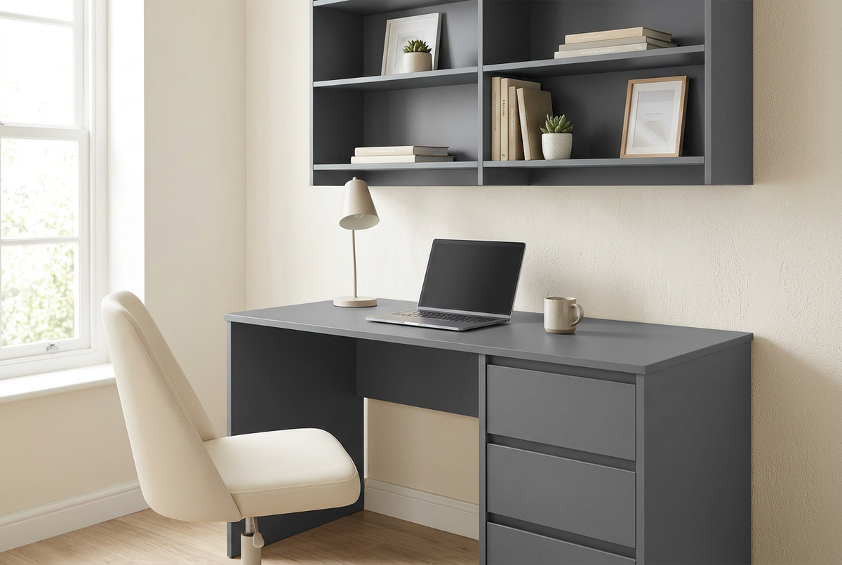 MELAMINE GRIS PLOMO MATTE 5/8 4X8 (Fantasia) aplicado en mobiliario, imagen de uso generada