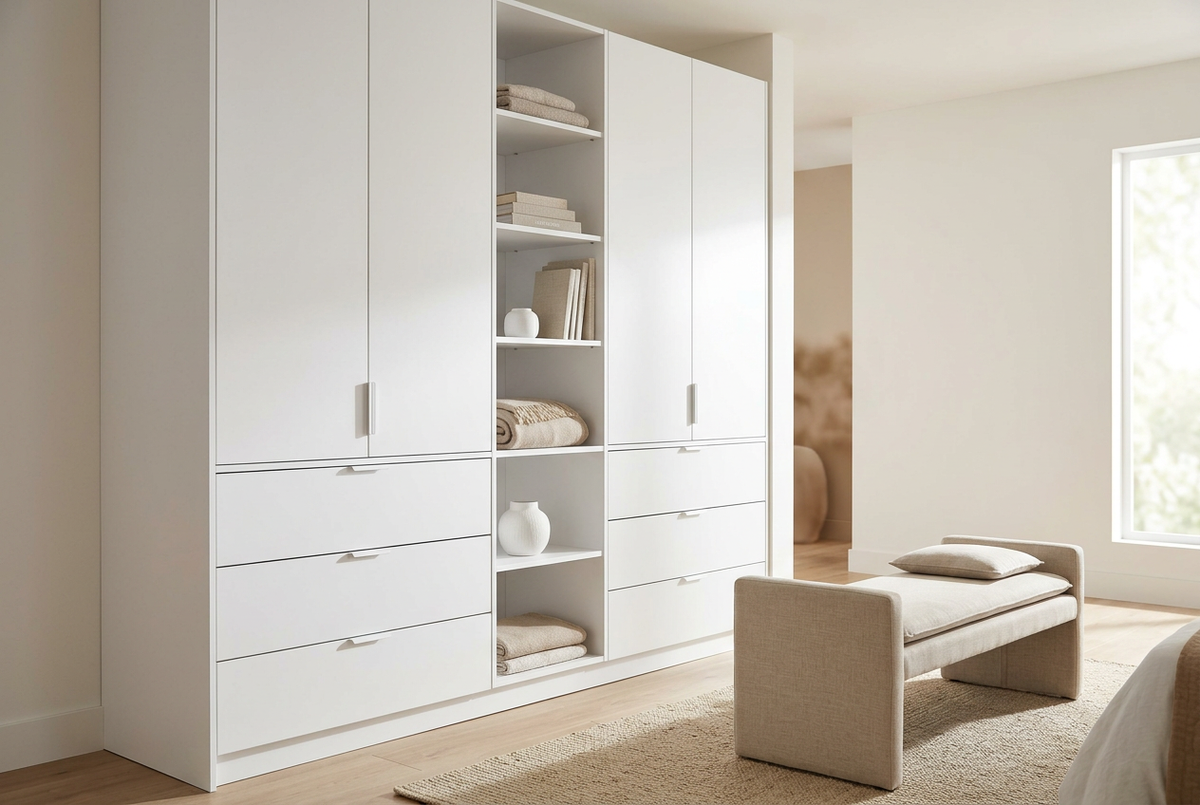 MELAMINE WHITE 3/4 49X97 19MM  MOISTURE RESITANT aplicado en mobiliario, imagen de uso generada
